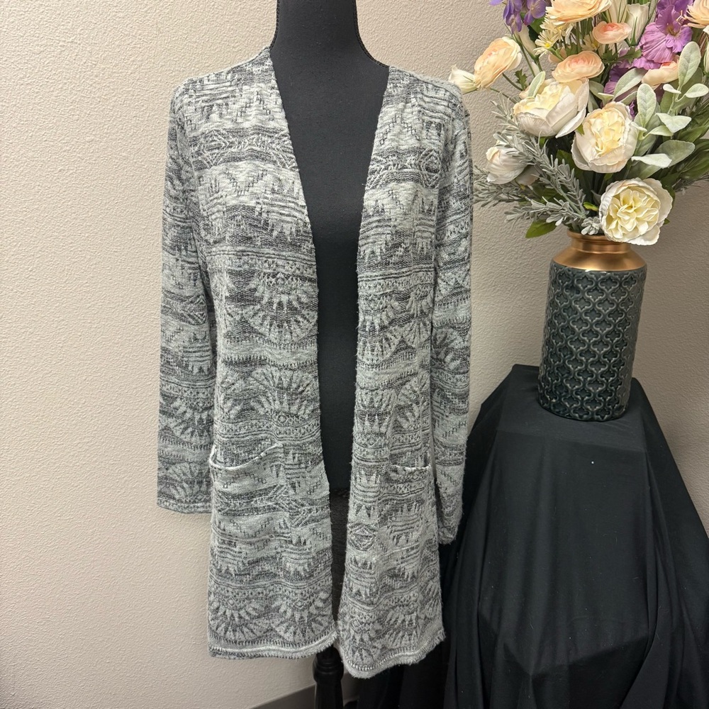 Cruel Denim Gray Open Front Cardigan | Aztec Knit Longline Sweater Jacket L